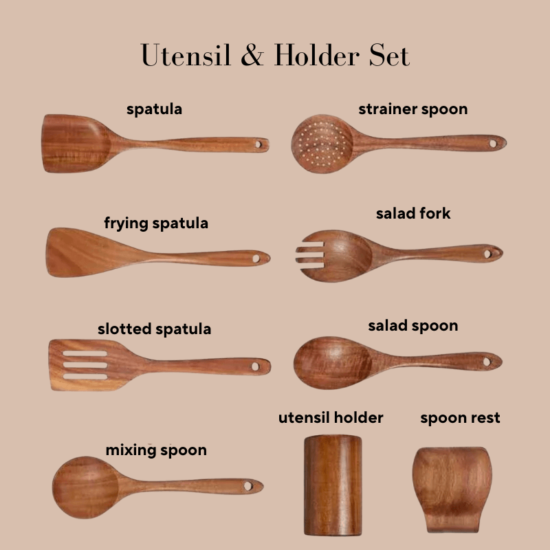 Non-Toxic Teakwood Utensil Set + Holder